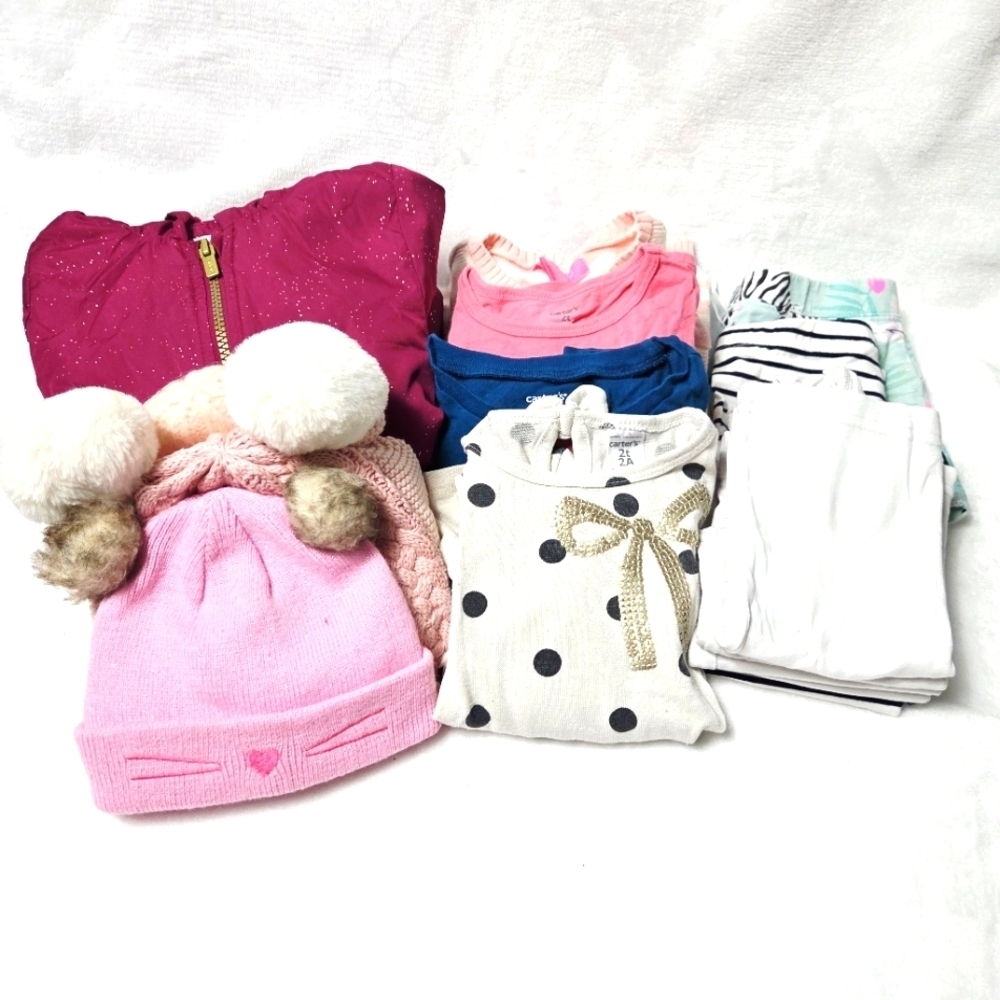 Bundle of 16 Clothes Jacket Hats Undershirt Long Sleeves Tops Girls Size 2t